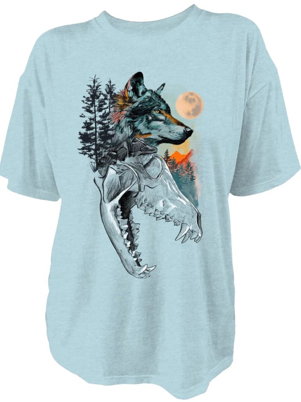 New! Women's Oversize T-Shirt Wolf Skull Moon Graphic Live Outside the Limits